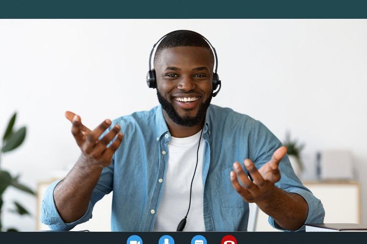 web conference happy black guy in headset making video call, monitor screensho